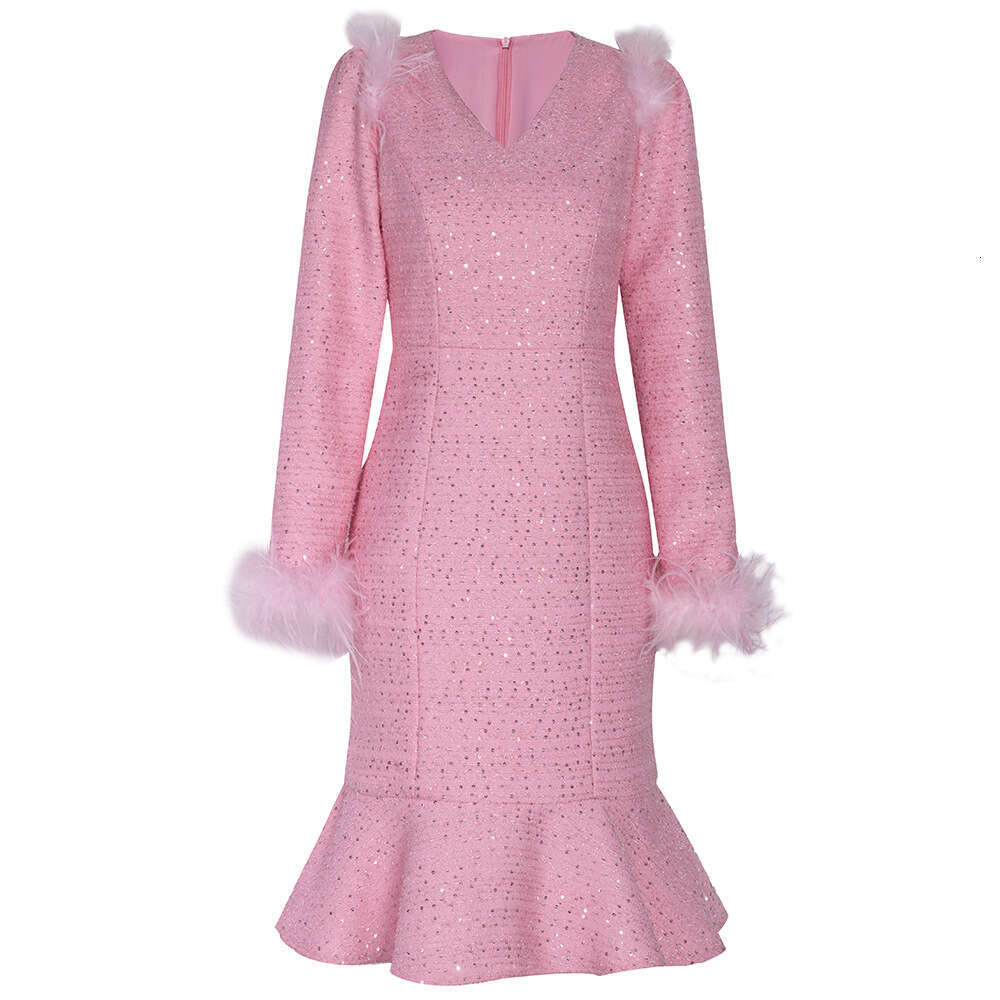 high-end dress with luxurious temperament ostrich fur handmade diamond inlaid broad wife fishtail skirt 2024 autumn new collection