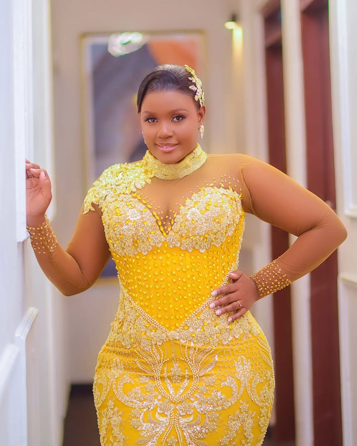 Aso Ebi 2024 Yellow Mermaid Prom Dresses Beaded Rhinestones Sequined Lace Evening Formal Party Second Reception Birthday Gowns Dress For Special Occas