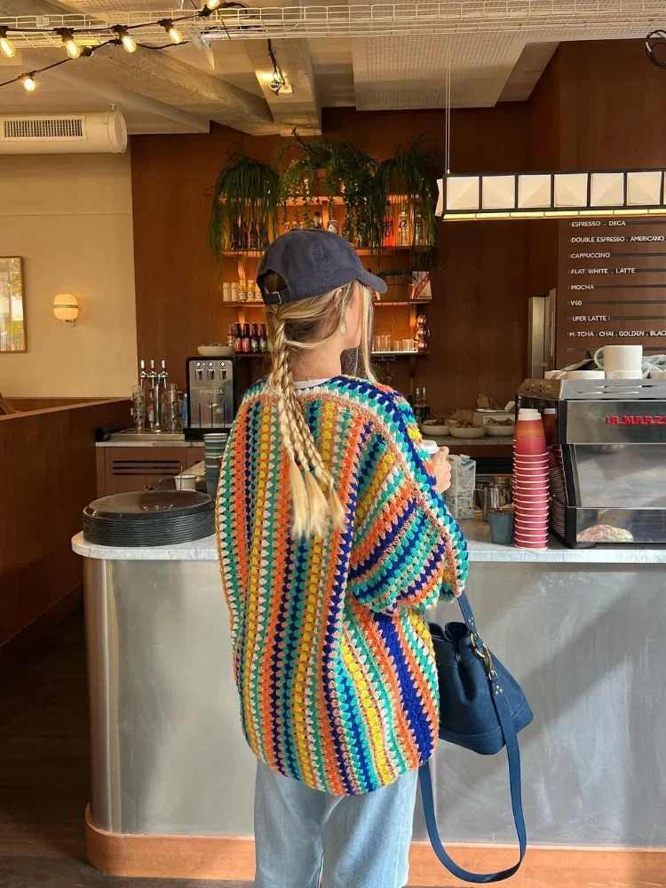 Womens elegant color striped knitted cardigan fashionable long sleeved loose sweater Autumn Womens Communicating Street Tops 241011