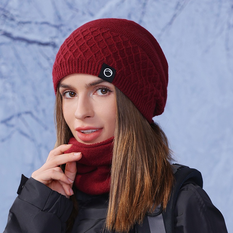 Winter Warm Hat Scarf Two-piece Set European and American Fashion Knitted Pullover Hat with Velvet Ear Protection and Anti Cold Woolen Hat for Women