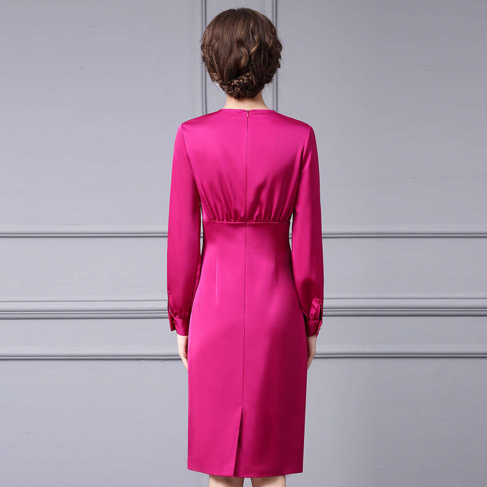 Smart intellectual elegant style 2024 autumn new item high-end feeling rose red temperament waist cinching and slimming long sleeved dress