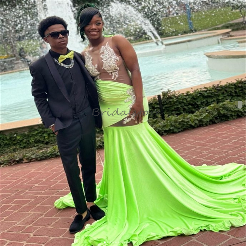 Lime Green Black Girls Prom Dresses 2025 See Through Beaded Appliques Mermaid Evening Dress Elegant Velvet African Birthday Dress vestido de gala noch
