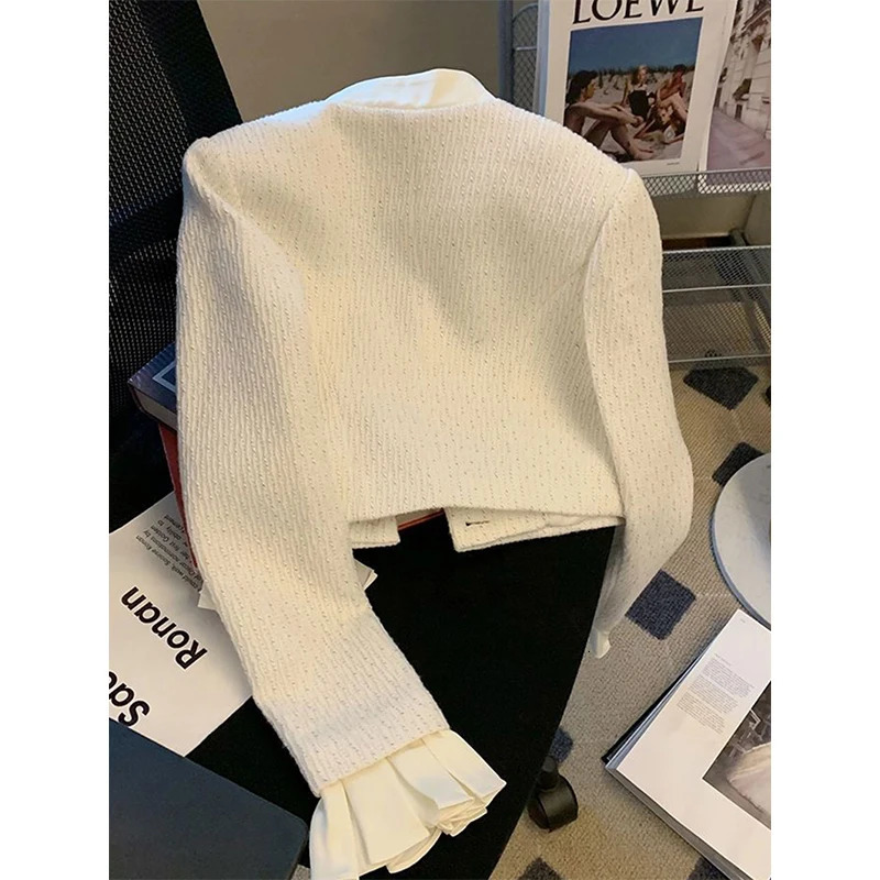 Elegant Tweed Jacket Women Cropped Ruffles Patchwork Quilted Coat Korean Fashion White Blazer Winter Ladies Thicken Outerwear 241011