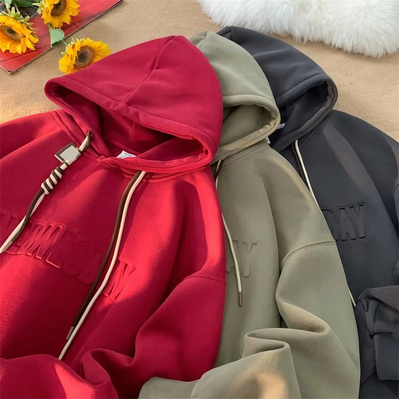 Letter Embossing Mens Hooded Sweatshirt Autumn High Street Fleece Pullover Hoodies Y2K Vintage Hoody Tracksuit 241011