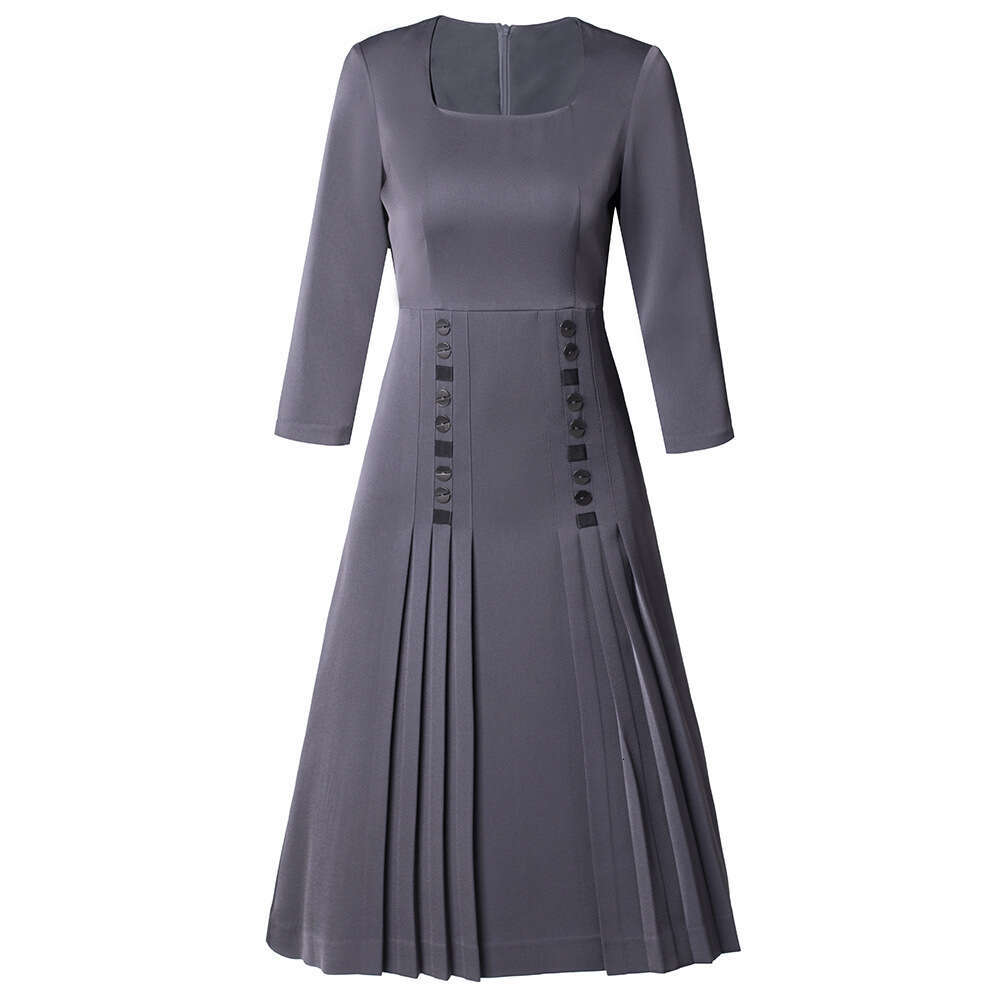 autumn clothing 2024 new item seven quarter sleeve high waist slimming noble womens pleated A-line square neck dress