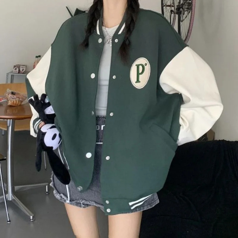 Korean Style College Varsity Jackets Green Bomber Coats Streetwear Couple Loose Harajuku Baseball Jacket Women Oversize 241011