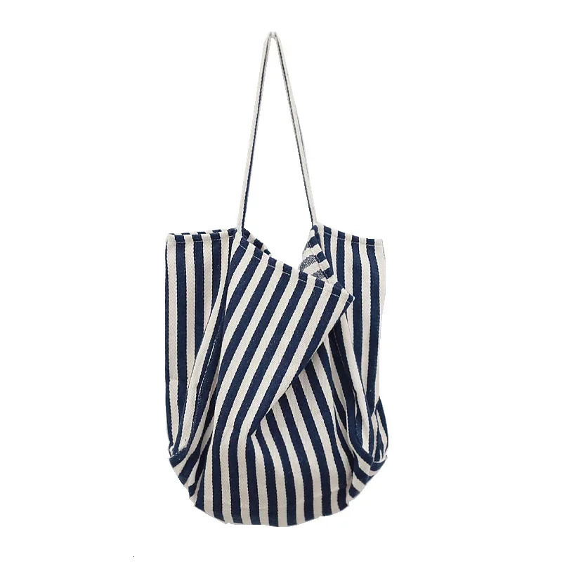 Korean version simple small striped canvas bag casual large capacity shoulder bag 241008