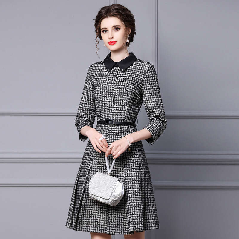 2024 Autumn Dress New Womens Chitose Grid Matching Coat Bottom Collar Long Sleeve Woolen A-line Skirt