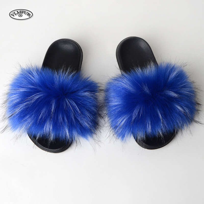 Women's Summer Faux Fox Fur Slippers Fashion Indoor and Outdoor Non-Slip Solid Color Flat Bottom Furry Sandals free shipping shoes
