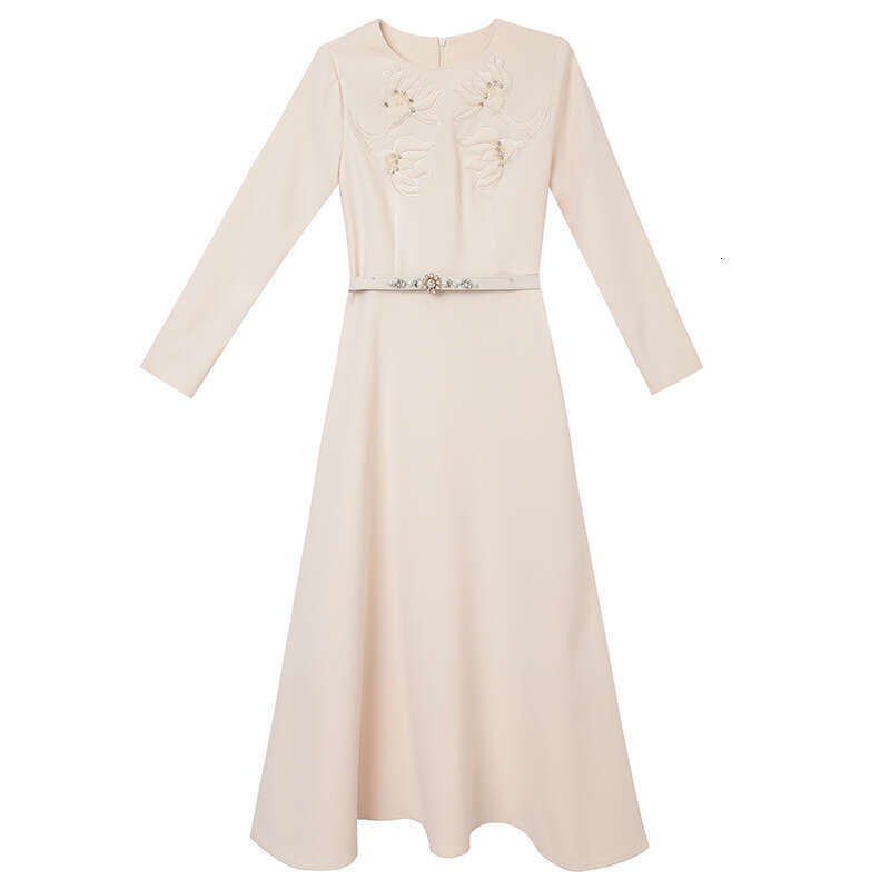 2024 Autumn Dress New Hepburn Embroidered Nail Bead Medium to Long Style Looks Thinner Interior Set A-line Skirt