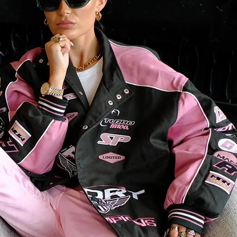 Womens Spliced Pink Bomber Jacket with Zippers Print Motor Biker Stitching Baseball Streetwear Fashion 241011