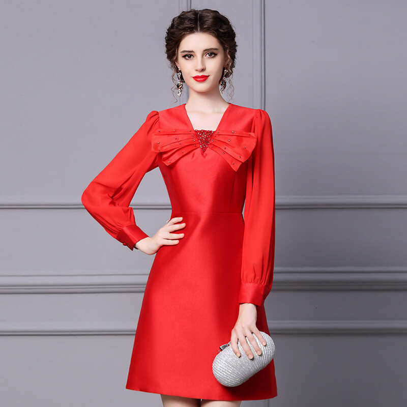 Short Autumn 2024 New Red Formal Occasion Bow Long Sleeve Dress
