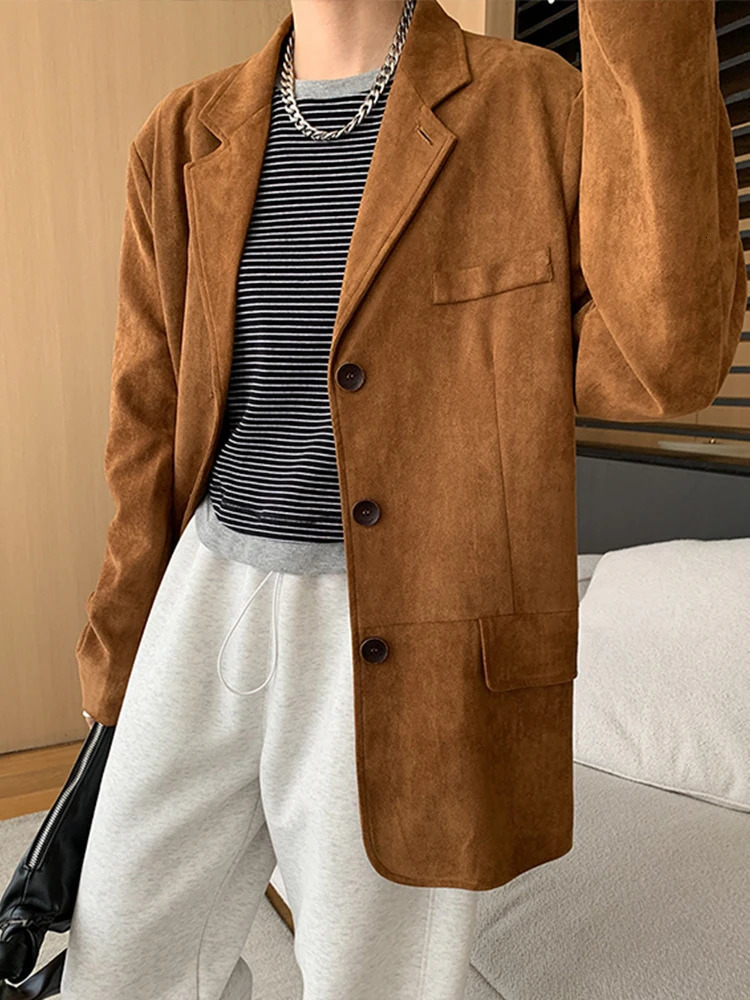 Casual suede womens coat brown loose collar single chest pocket long sleeved jacket autumn womens clothing 241010