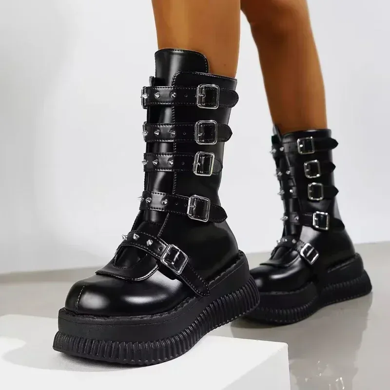 Women Black Gothic Platform Wedges Motorcycle Female Punk Bottom Boots Ladies Thick High Heels Party Shoes