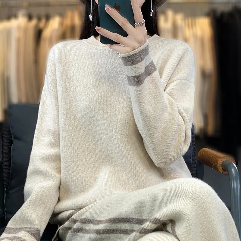 100% Merino wool set autumn and winter two-piece set womens round neck floral casual high waisted mens set 241010