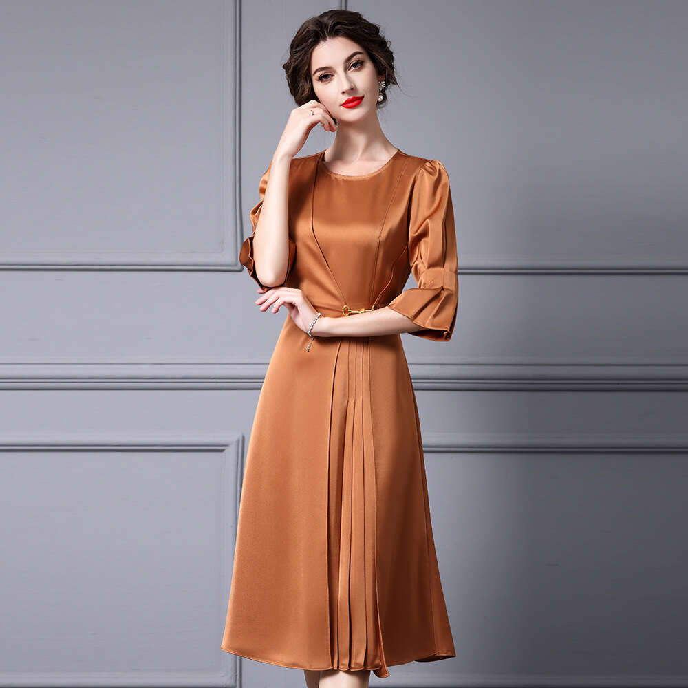 chic exquisite acetic acid dress high waist and slim flared sleeves A-line skirt with high-end feel autumn 2024 new product
