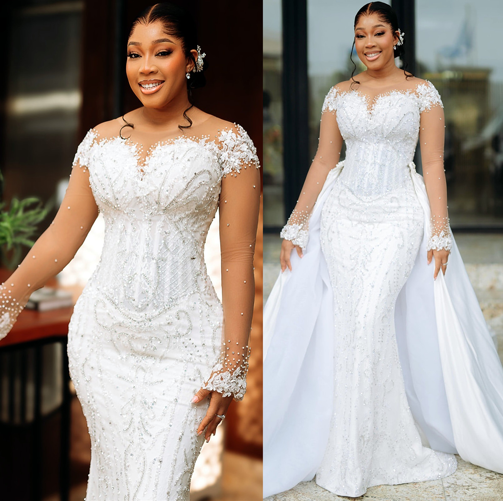 Aso 2024 Arabic Ebi Plus Size Off White Mermaid Wedding Dresses Laceful Beaded Detachable Train Full Sleeves Vintage Elegant Bridal Gowns Dress