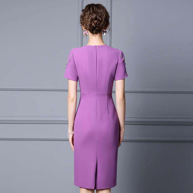 Purple Dress for Womens Summer 2024 New Elegant Style Acetic Acid Splicing V-neck Slimming Hip hugging Skirt