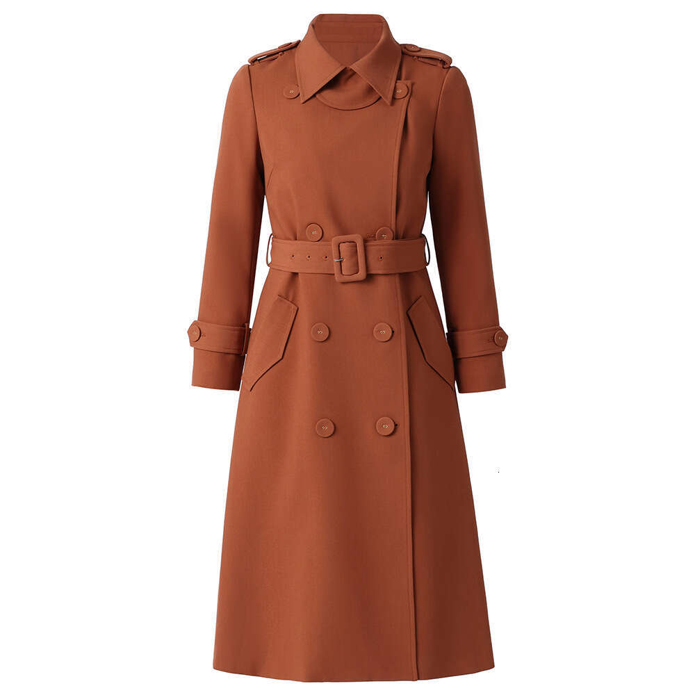 autumn womens clothing 2024 new item high-end feeling beige lapel double row buckle waist slimming windbreaker jacket