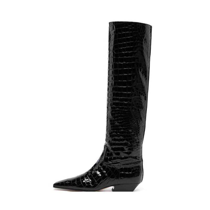 Leather Crocodile Patterned Fashion Boots Square Headed Long Tube Martin Boots For Women With Thick Heels Slim Tall Knight Boots 240826