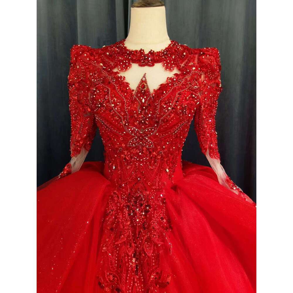 kisswhite Green Collection red lace long sleeves Crystals Ball Gown with train Bridal dresses