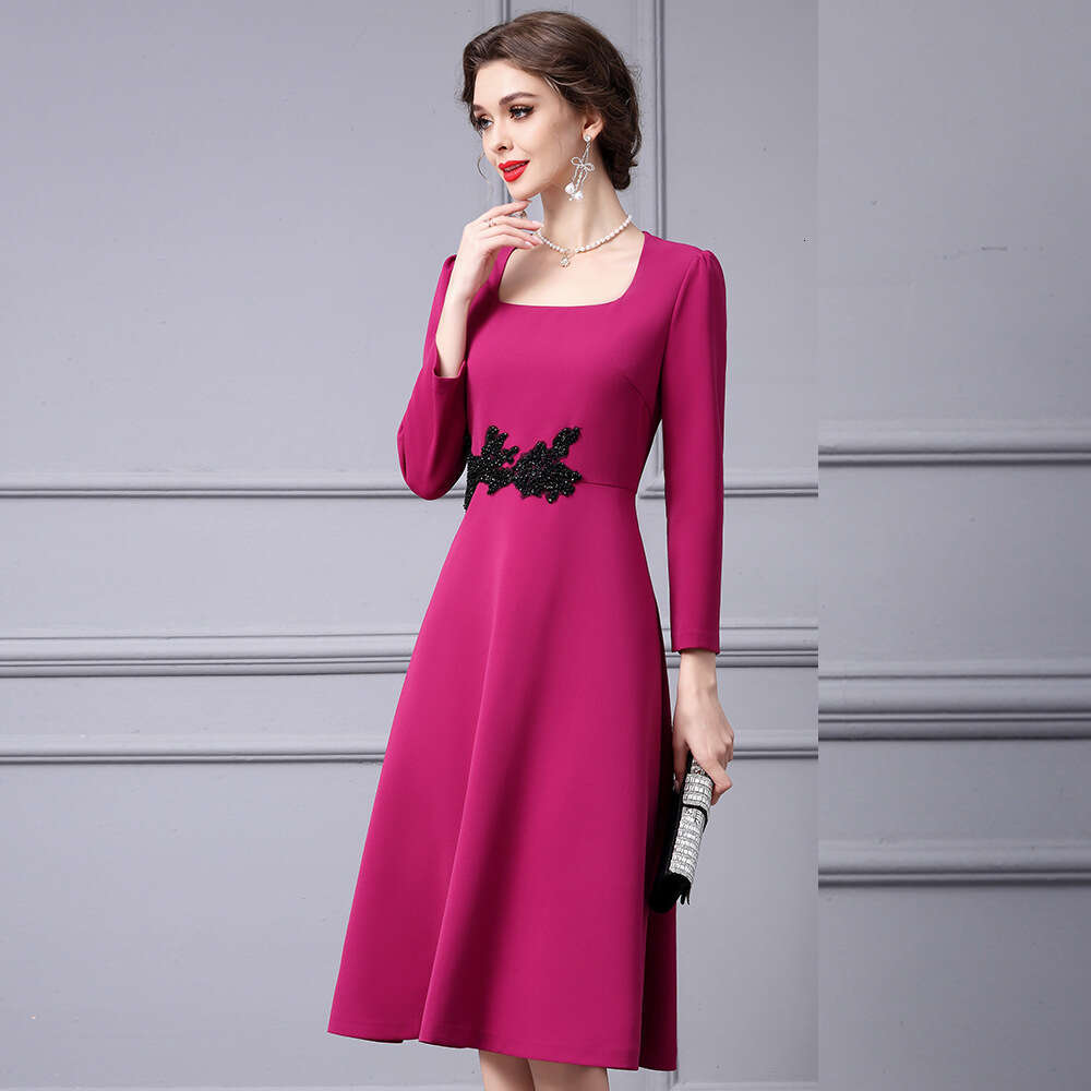 waist studded diamonds exudes sense of luxury elegance with slim fit slimming effect. The dress features nine quarter sleeves a large swing square