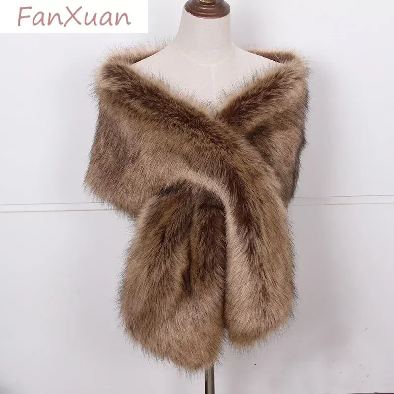 Faux Fox Fur Women Wraps Long Plush Tippet for Woman Large Scarf Cloak Party Dress Fluffy Fur Shawl Poncho Bride 241009