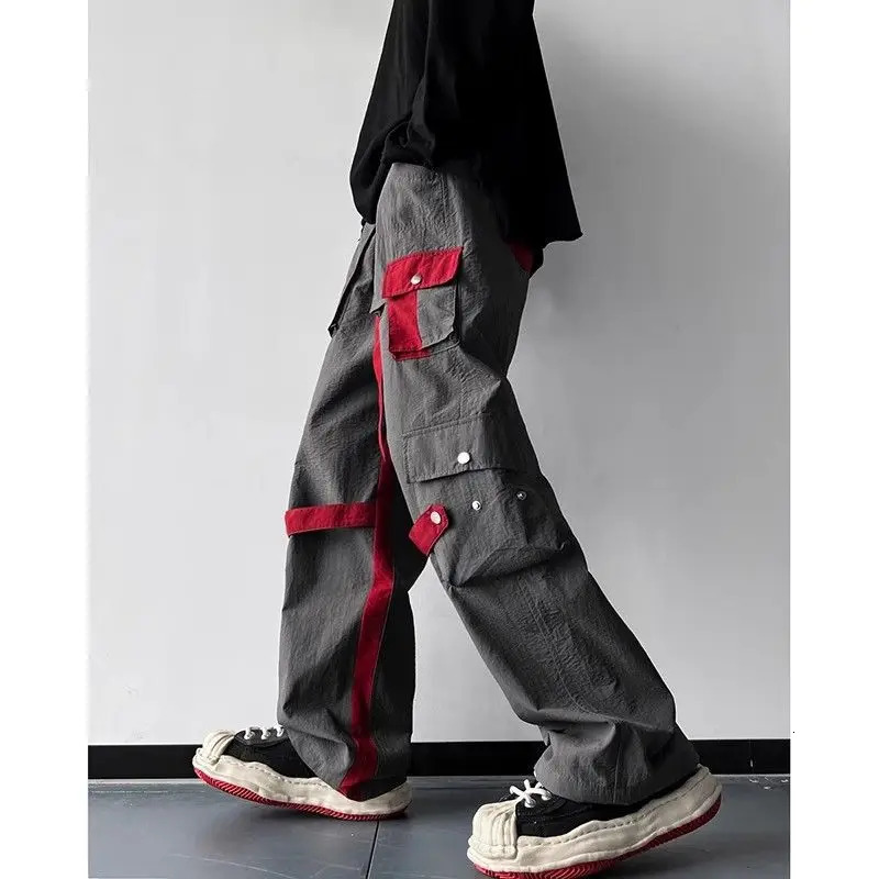 Spring and autumn solid color fashionable elastic waist cargo pants for womens high street casual loose pocket patch work button Y2K Trouser 241007