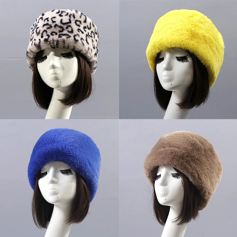 Womens Winter Fur Hat Thick and Fluffy Artificial Fur Rex Hat Russian Ski Windproof Party Super Fashion Fur Hat Black 241011