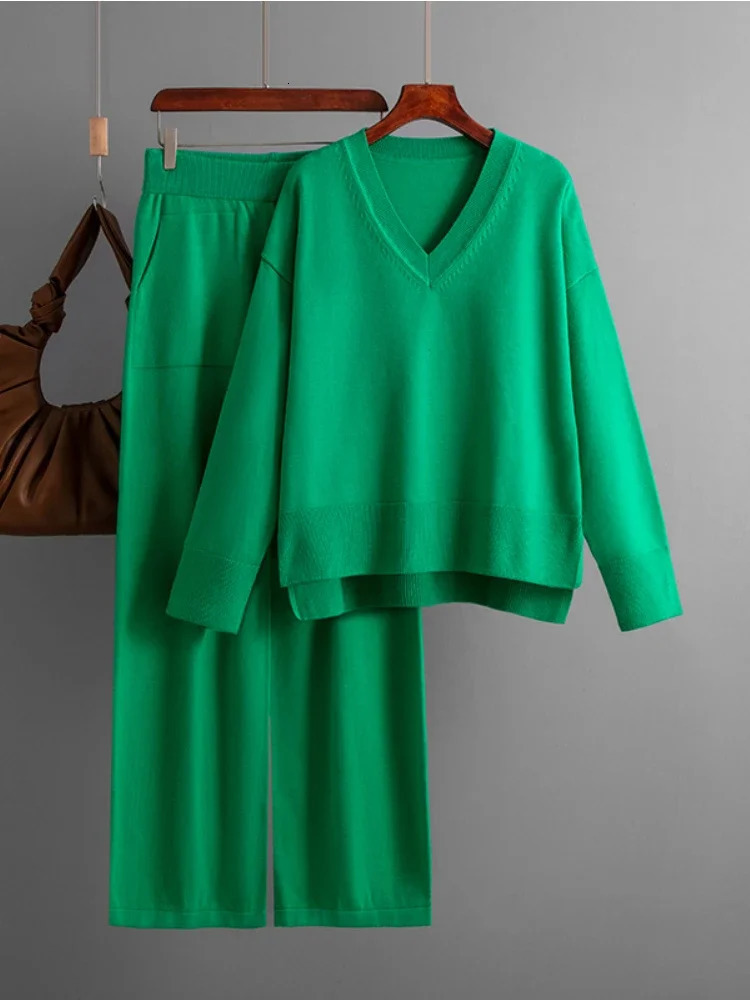 European and American Autumn/Winter Casual Set Womens Solid Loose Pants Set Sweater Zipper Knitted Two Piece Set 241010