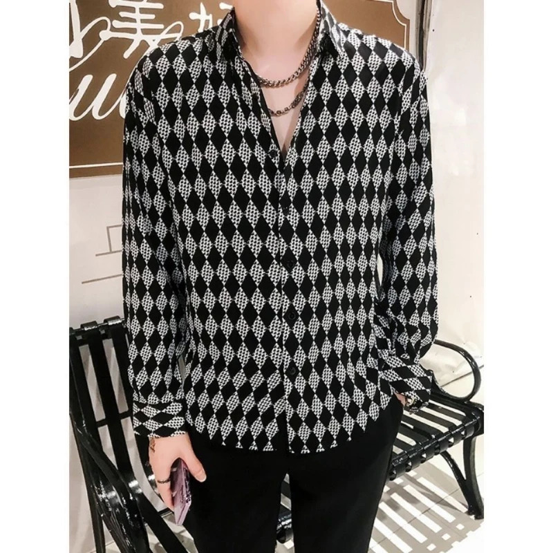 Spring and Autumn Fashion Pure Cotton Collar Long Sleeve Diamond Plaid Shirt Mens Trend Button Retro Shirt 241010 - view 6