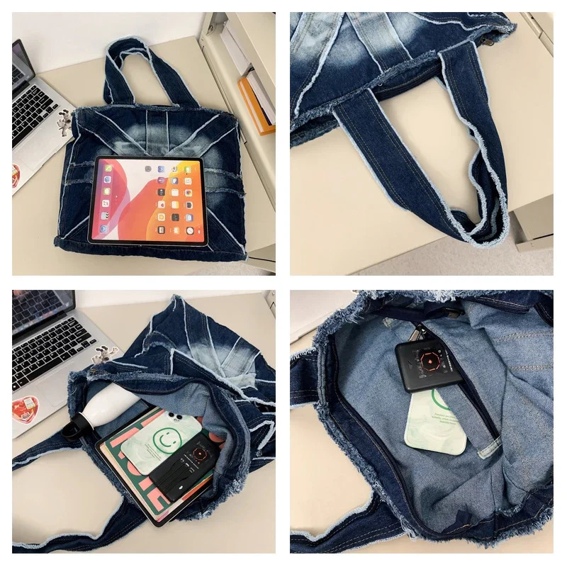 Lace dyed denim womens bag denim handbag large canvas shoulder bag shopping messenger bag Y2K ecological bag Korean handbag school 241008