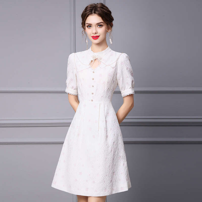 White Dress for Women 2024 Summer New Style Bubble Sleeve Aging Butterfly Pearl Jacquard High Waist A-line Skirt