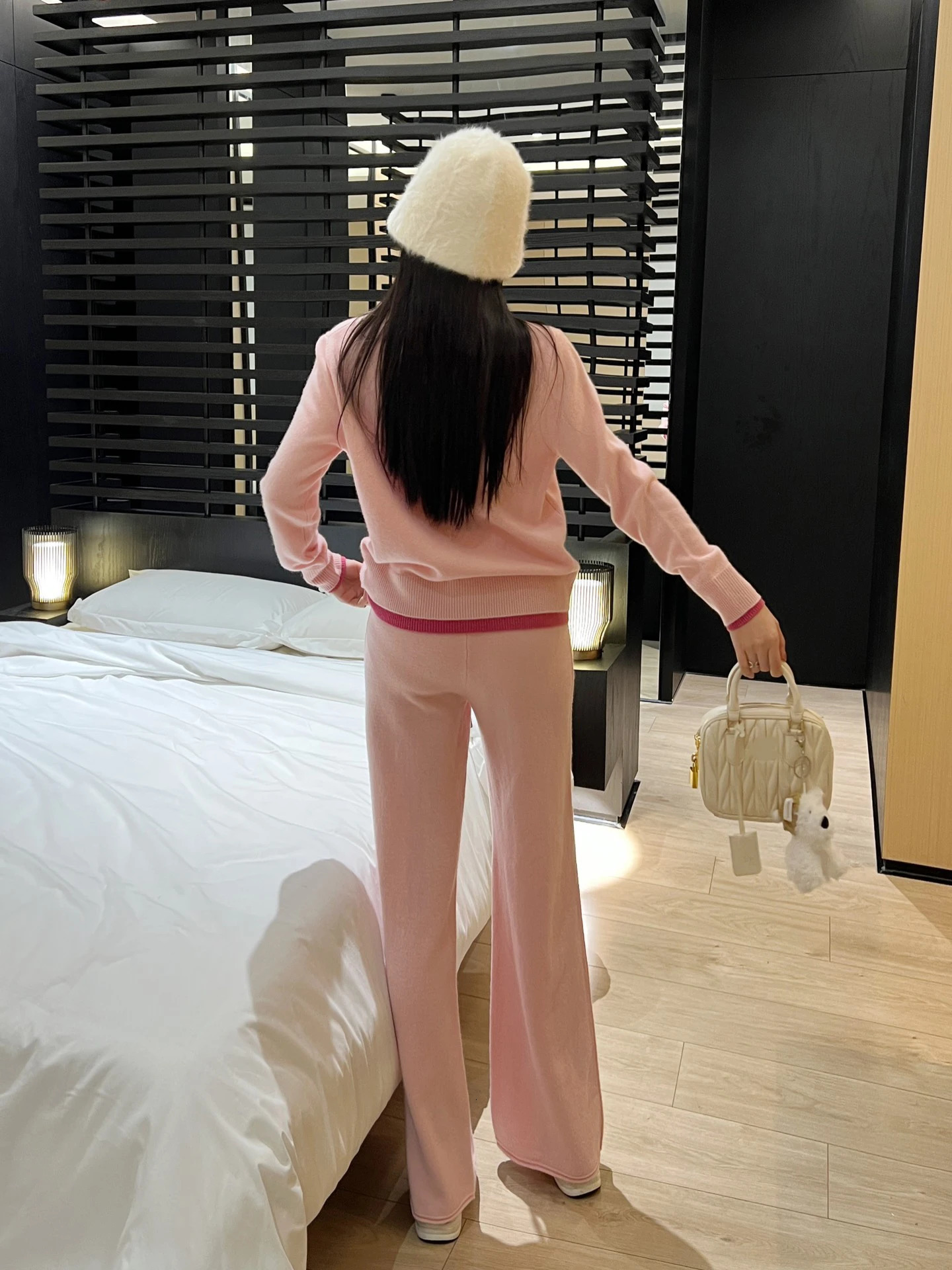 Autumn/Winter Womens Lazy Style Wool Set consisting of two V-neck knitted cardigans and straight leg pants 241010