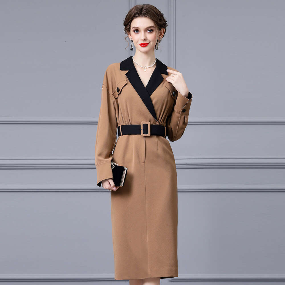 high-end sense contrasting color splicing waist cinching slimming suit collar temperament windbreaker dress 2024 autumn new item