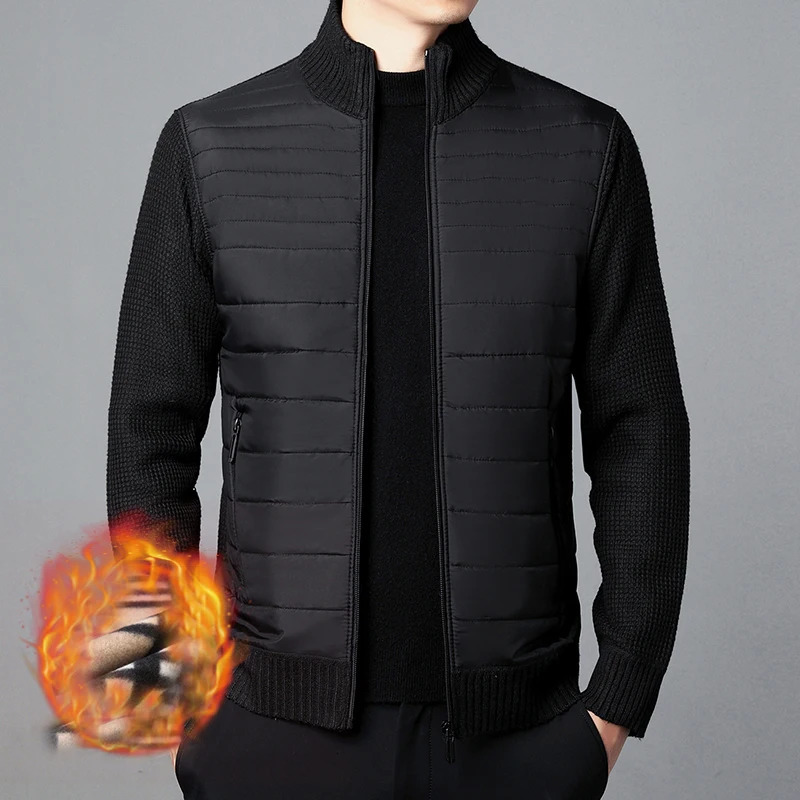 Winter Mens Fleece Jacket Warm Knitting Coat Men Patchwork Casual Knitted Jackets Stand Collar Outerwear 4XL 241011