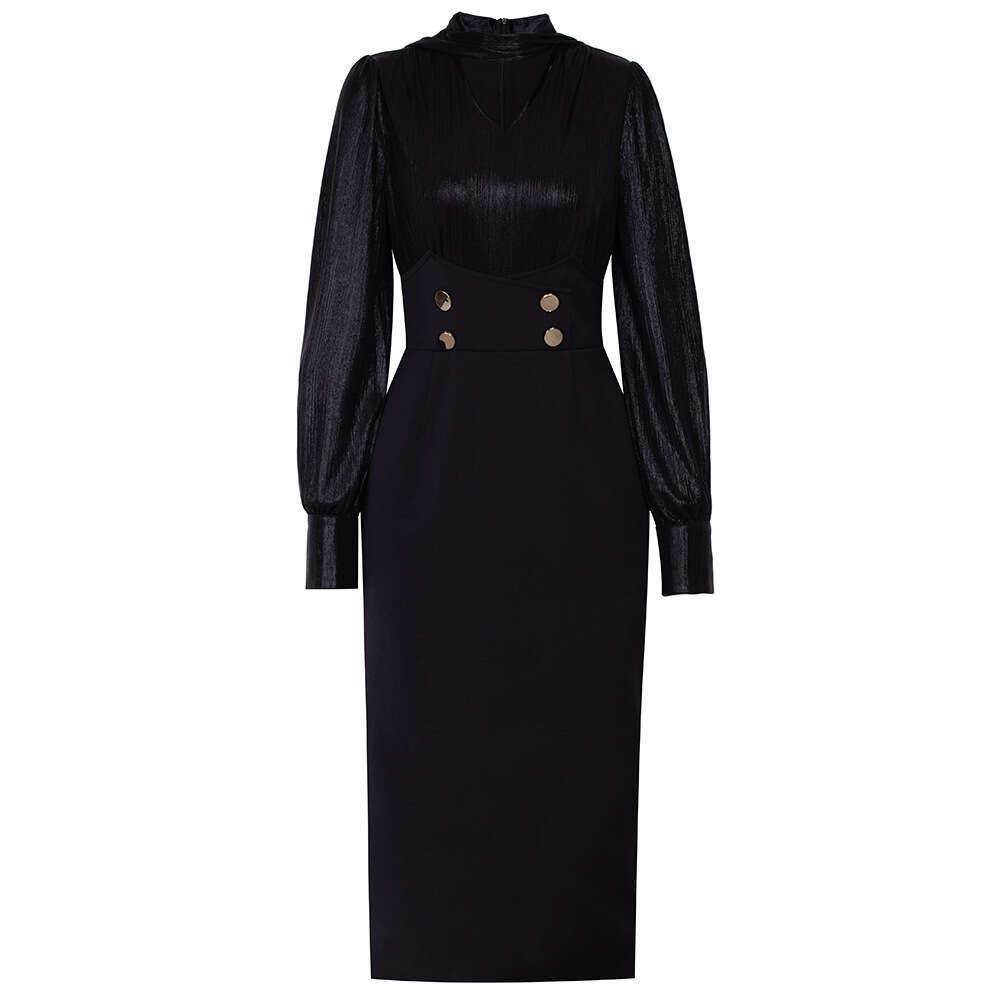 autumn fashion outfit high waist slimming elegant temperament feminine black patchwork dress 2024 new item