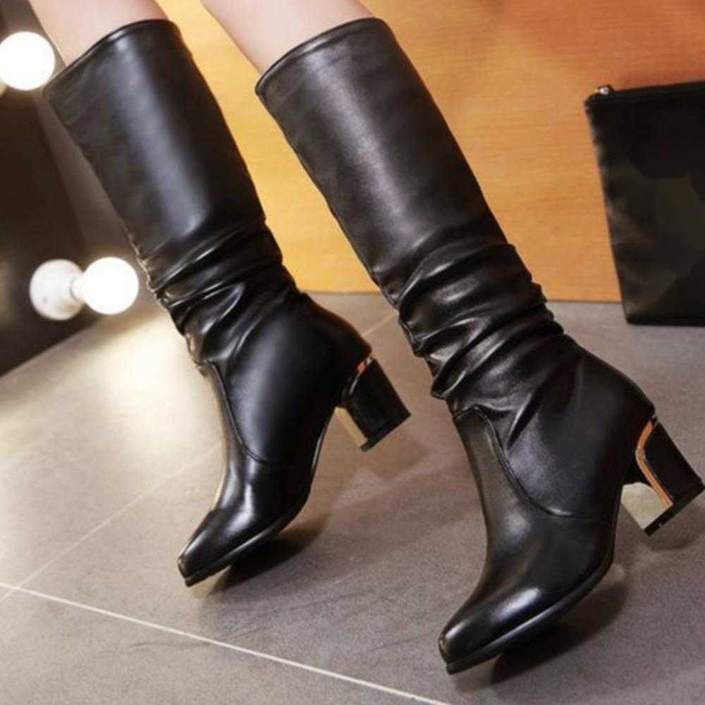 Large Long Fashion Boots For Women Fashionable Martin Boots Pointed Toe Thick Heel High-heeled Knight Boots For Women Solid Color Leather Knight Boots