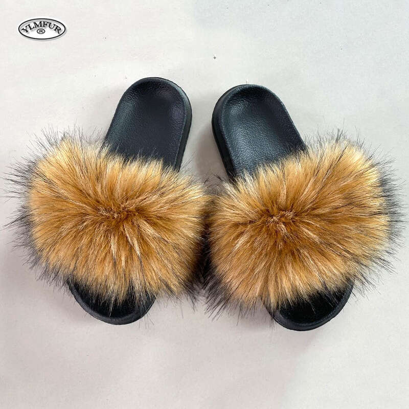 Women's Summer Faux Fox Fur Slippers Fashion Indoor and Outdoor Non-Slip Solid Color Flat Bottom Furry Sandals free shipping shoes