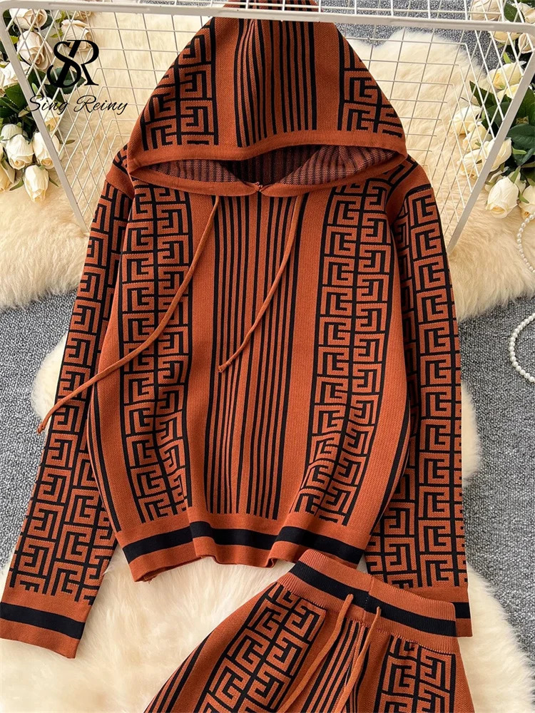 SINGREENY Winter Fashion Knitted Two Piece Womens Hoodie Thick Warm ZipperWide Leg Pants Geometric Printed Sweater Set 241010