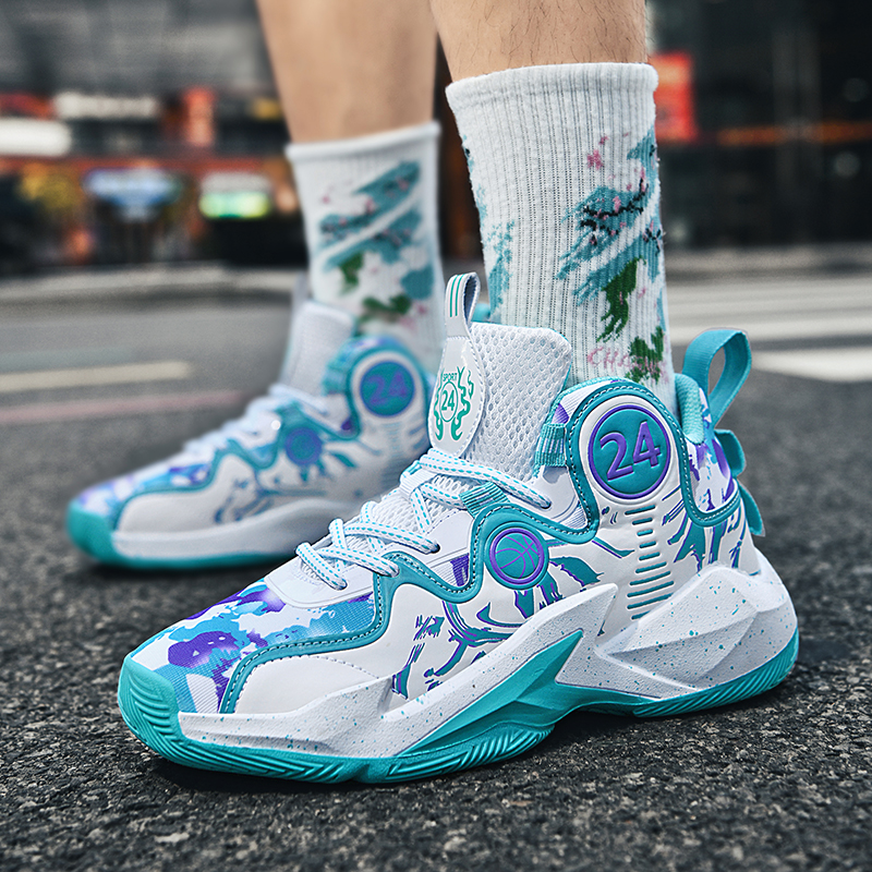 High top men's shoes 2024 autumn new soft soled combat basketball shoes junior high school students non-slip sports shoes