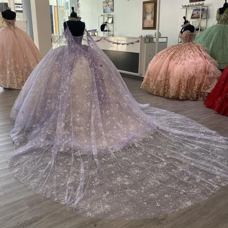 Lavender Champagne Shiny Quinceanera Dresses 3D Flowers Floral Appliques Lace With Cape Vestidos 15 De XV Anos Sweet 16 Dress