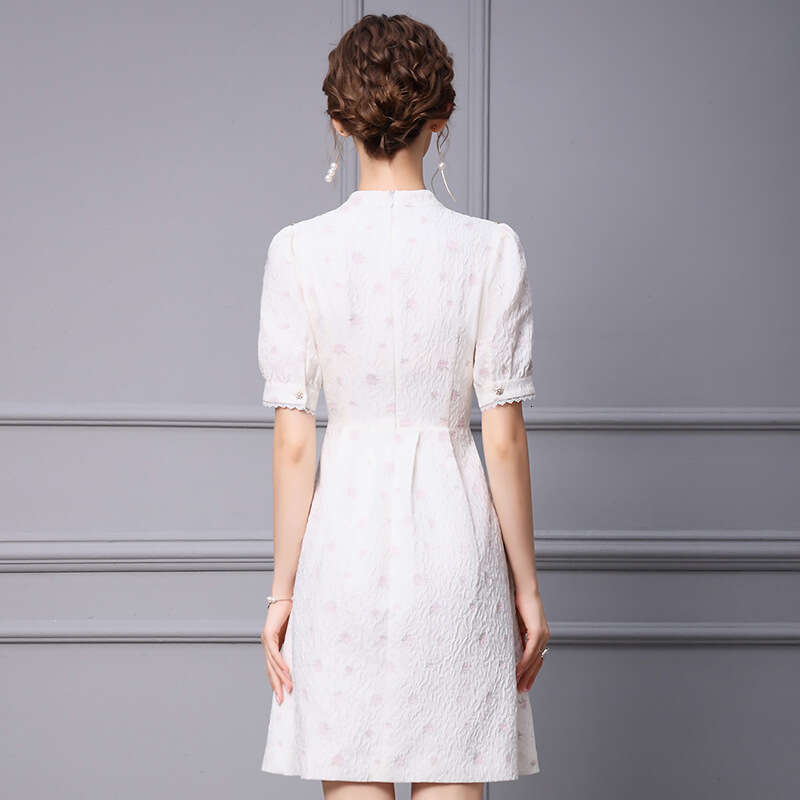 White Dress for Women 2024 Summer New Style Bubble Sleeve Aging Butterfly Pearl Jacquard High Waist A-line Skirt