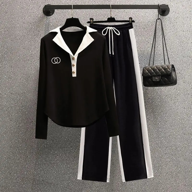 Womens Spring/Summer Korean Edition Weight Loss Polo Necklace Age Reduction Long Sleeve Casual Pants Two Piece Set 241010