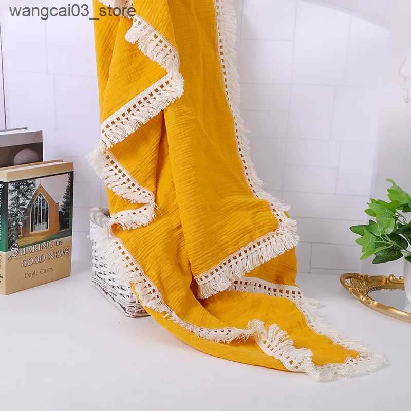 Blankets Swaddling Cotton Muslin Swaddle Blankets for Newborn Baby Tassel Receiving Blanket Solid Swaddle Wrap Infant Soft Sleeping Quilt Bed Cover L2