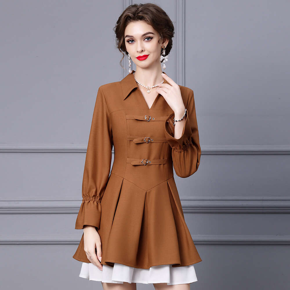 Autumn Horn Sleeve Shirt Skirt 2024 New Style Fake Two Small High Quality Mature A-line Dress