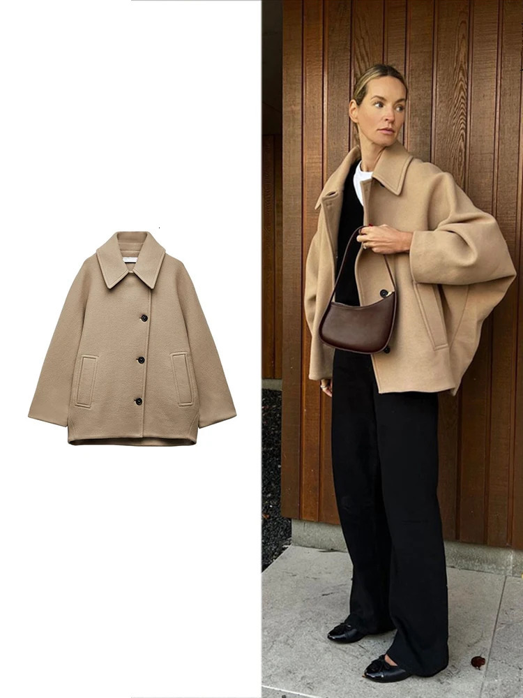 TRAF Womens Fashion Single Breasted Jacket Casual Vintage Long Sleeve Lapel Coat Autumn and Winter Khaki Wool Bat 241008