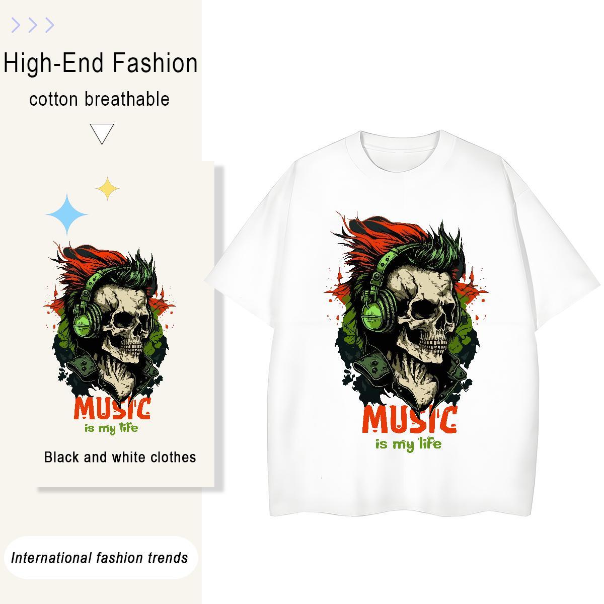 2024 Women T Shirts 230g Cotton Round Neck Short Sleeve High Street Hip Hop skull Women Tshirts Nice Cartoon Print Polos