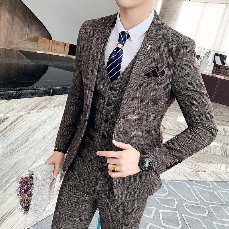 High Quality British Korean Modified Plaid Men suit Vest Trousers Stylish and Handsome Business Casual Threepiece Suit 241008