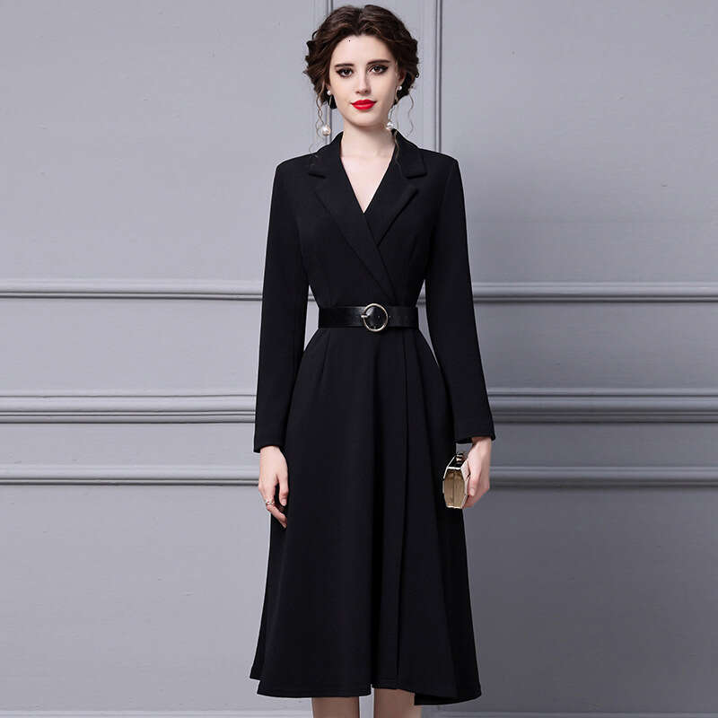 black dress for spring and autumn women 2024 new style suit collar mid length long sleeved waist cinching slimming A-line skirt